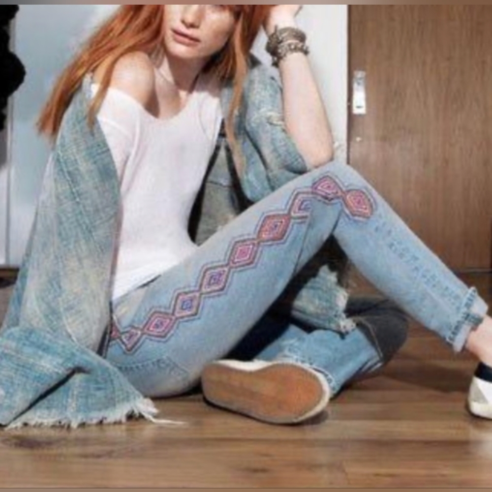 Sandrine Rose Embroidered Upcycled Original Denim Cropped Jeans